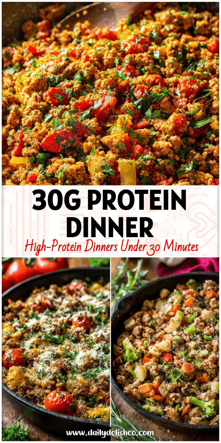 Skillet filled with Garlic Parmesan Ground Turkey and Vegetables for a Healthy Go To Meal and Low Carb Turkey Dinner.